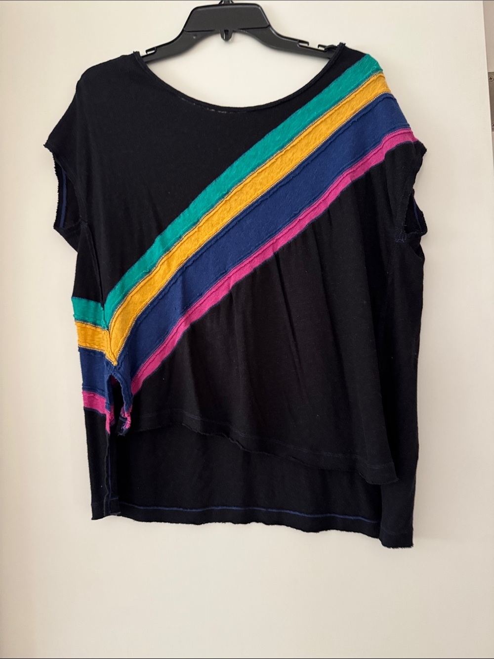 Black Women's Short Sleeve Top with Multicolor Diagonal Stripes